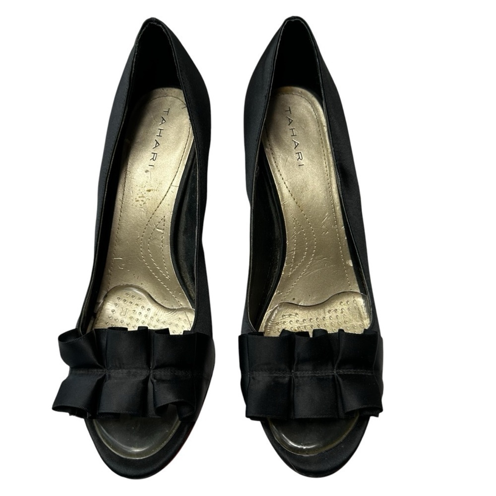 Tahari Sloan Red Bottom Black Satin Bow 4-inch Heels, 9.5 - Picture 3 of 8